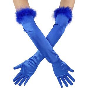 Women's Long Elbow Length Blue Satin Feather Trim Evening Gloves Tea Party